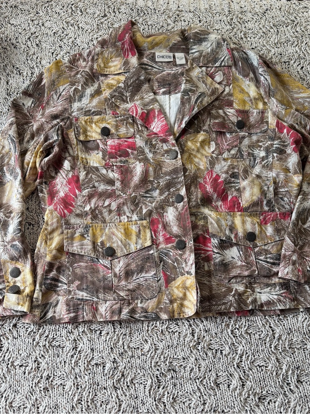 Chico's Multicolor Leaf-Print Jean Jacket — Brown, Red & Yellow - Picture 12 of 16